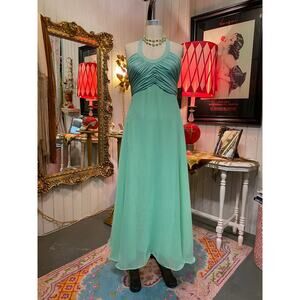 vintage 1970s aqua chiffon halter dress 70s ruched maxi lillie rubin formal s 27